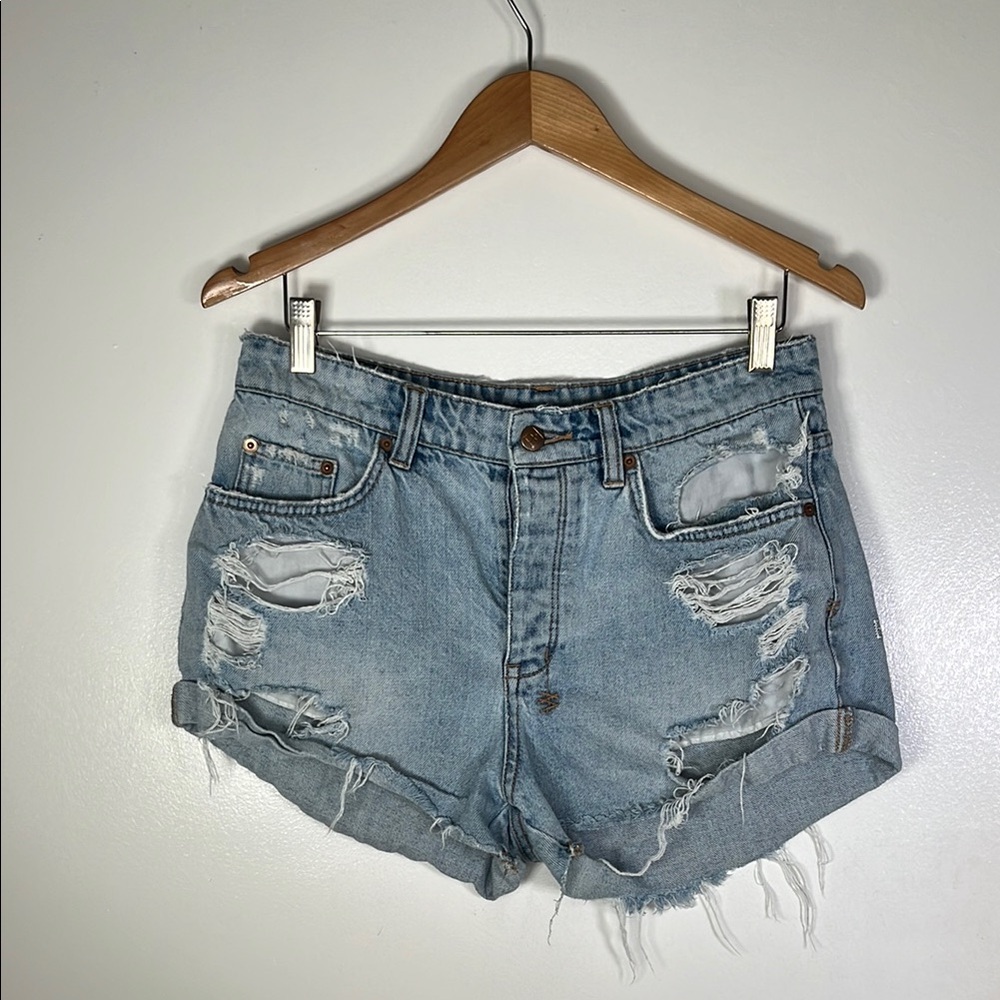 Ksubi high rise button fly light wash Distressed Frayed Hem Denim Shorts 26